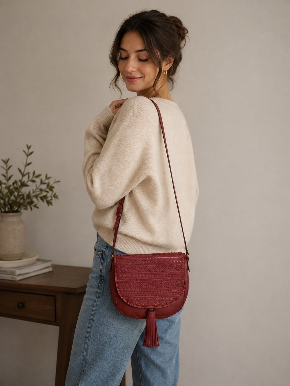 Fossil Red Woven Tassel Crossbody Bag